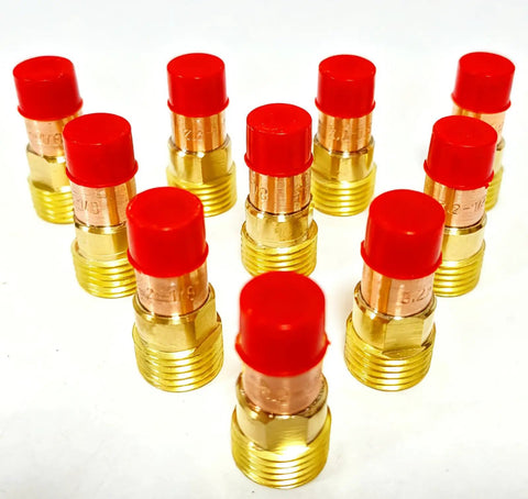 Pro Grade TIG Stubby Gas Lens Collet Bodies Kit 3/32 Inch 2.4mm 10N24S Assortment displayed with red and brass fittings