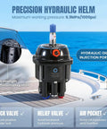 Precision hydraulic helm from 90HP Outboard Hydraulic Steering Kit with pump and cylinder, boating in background.