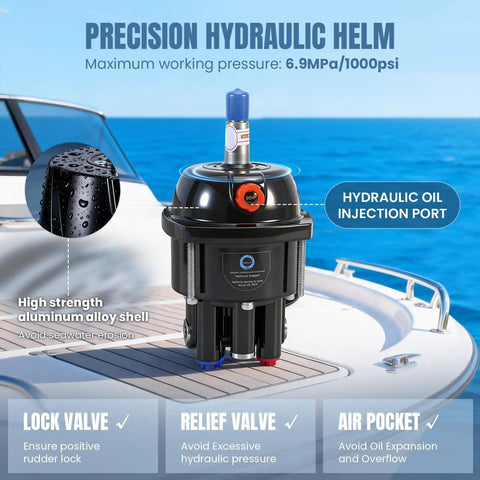 Precision hydraulic helm from 90HP Outboard Hydraulic Steering Kit with pump and cylinder, boating in background.
