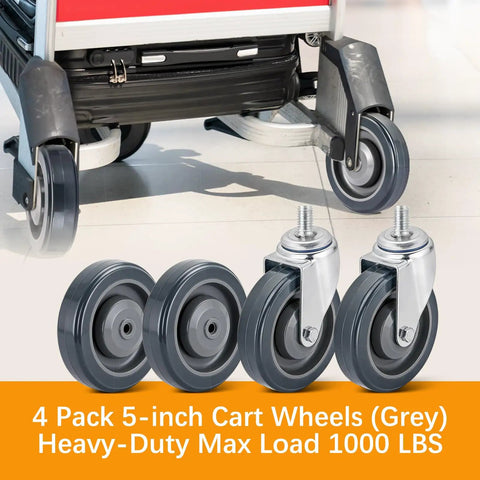 Smooth Operator Four Pack Shopping Cart Replacement Wheels Five Inch Polyurethane Casters With Mounting Nuts in grey color.