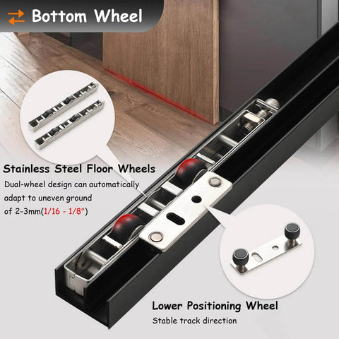 Hidden Sliding Mirror Closet Door Track Kit For Narrow Openings showing stainless steel wheels and positioning mechanism