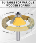 Pro Grade 35 Piece Router Bit Set With 1 Quarter Inch Shank, Tungsten Carbide Blades, diagram showing wood types compatible
