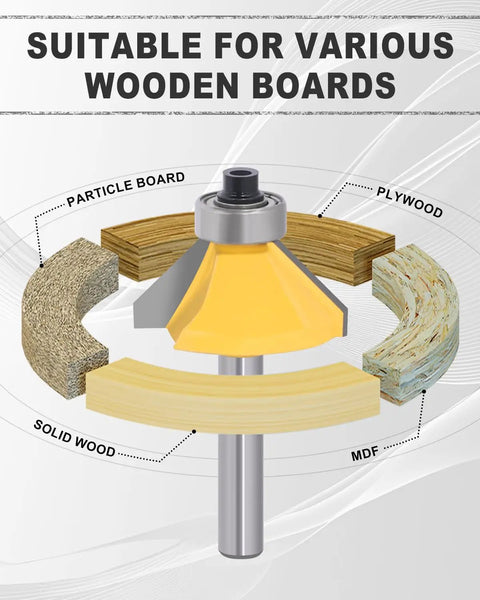Pro Grade 35 Piece Router Bit Set With 1 Quarter Inch Shank, Tungsten Carbide Blades, diagram showing wood types compatible