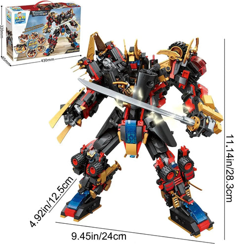 12 In 1 Transforming Mecha Robot Building Set For Adults And Kids displayed as a tall red and black mech warrior with sword.