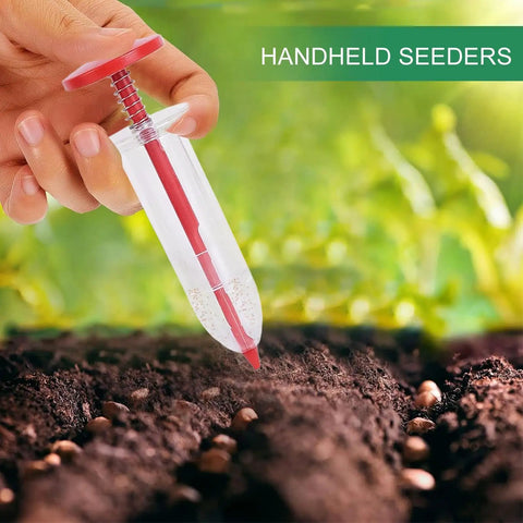 Handheld Seed Spreader And Manual Planter Tool With Ergonomic Grip for Lawn Backyard Garden Park And Outdoor Use Precise Planting Depth And Easy Spacing Reusable Dibber Style Seeder for Vegetables And Flowers in use on soil with seeds