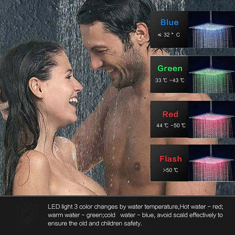 Straight Up Matte Black Ceiling Mount Shower System With Water Powered Led Rain Head Temp Tracking Color Swap used in shower.