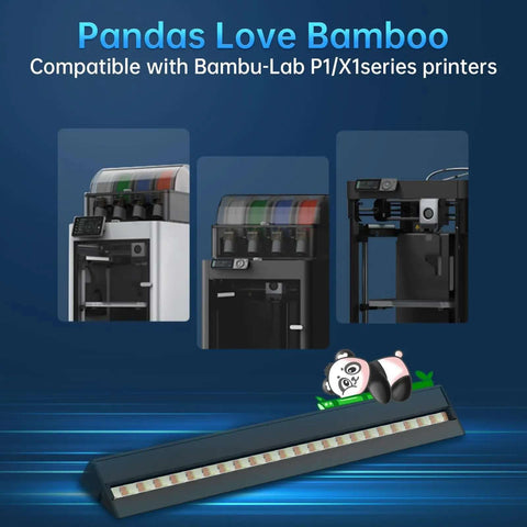 BIQU Panda Lux LED Light Strip Upgrade Kit for Bambu Lab P1S P1P X1C X1E shown with printer compatibility display