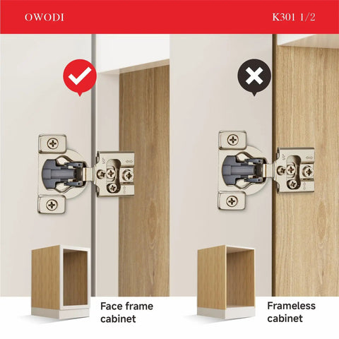 Soft Close Cabinet Hinges 40 Pack For Face Frame Doors shown installed on side by side face frame and frameless cabinets.