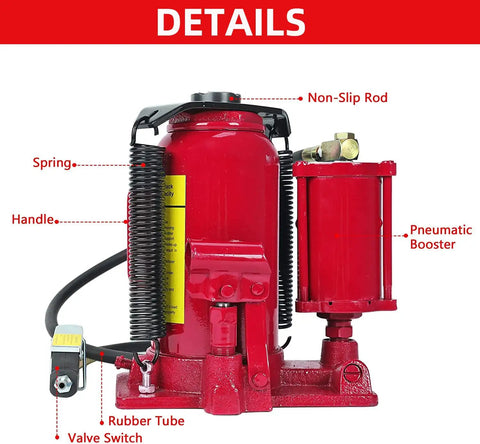 Beefy 20 Ton Bottle Jack With Manual Hand Pump And Air Hydraulic Lift For Auto And Truck Repair Heavy Duty Red Bottle Jack details