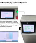 Hella Compatible 110V Semi Automatic Vacuum Capping Machine With 2.7 Inch Bottle Opening And Adjustable 4.7 To 5.9 Inch Height touchscreen display for precise operation.