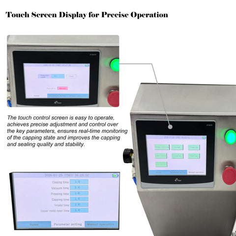 Hella Compatible 110V Semi Automatic Vacuum Capping Machine With 2.7 Inch Bottle Opening And Adjustable 4.7 To 5.9 Inch Height touchscreen display for precise operation.