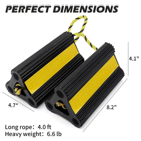 Heavy Duty Wheel Chocks For RV Trailer Camper And Truck Car That Stay Put Road Trip Ready Durable Rubber Tire Block Stopper With Rope And Bright Yellow Reflective Tape For Visibility Simple To Use And Safer Parking 4 Pack