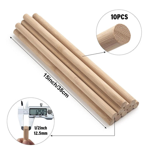 Premium Smooth Bamboo Wood Dowel Rods For Crafting, 1/2 X 15 Inch showing ten unfinished bamboo sticks.