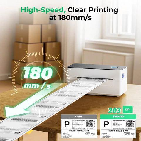 Bluetooth Shipping Label Printer 4x6 Inch For Windows Mac Android iOS, high speed inkless thermal printing, printing labels at 180 mm/s
