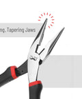 Pro Level Needle Nose Pliers Built Like A Tank With Tempered Steel Jaws For Tight Squeeze Tasks, showing long tapering jaws and red rubber grip.