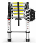 Heavy Duty 12.5 Foot Telescoping Aluminum Ladder With Extendable Reach For Home And Outdoor Projects Retractable Extension Ladder With Dual Lock Safety Buttons And 330 Pound Load Capacity For Everyday Use, folded view showcasing dual lock safety buttons.