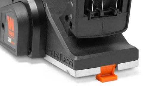 Cordless Planer With Brushless Motor, Dual 3-1/4-Inch Blades, close-up of base with adjustable depth feature and battery slot