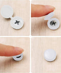 100 Pack Slick Hinged Screw Cap Covers Small White Plastic Dust Shield Plugs showing a cap open over a screw.