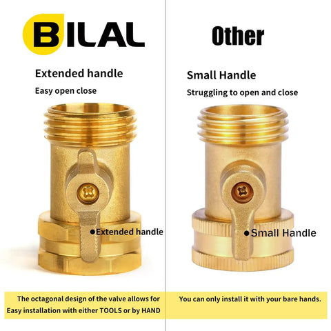 Extended Handle No Fuss Brass Hose Shut Off Valve for Garden comparison with standard small handle model.