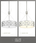 18 Inch Three Light Drum Chandelier Pendant Light With Adjustable Height in brushed nickel finish on and off display
