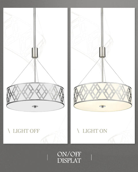 18 Inch Three Light Drum Chandelier Pendant Light With Adjustable Height in brushed nickel finish on and off display