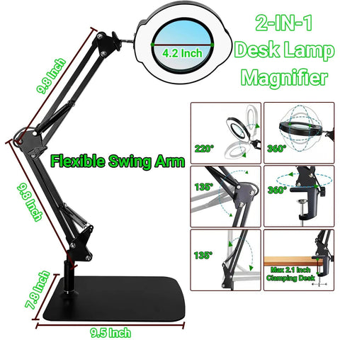 15X Magnifying Glass With Light And Stand For Crafting, Reading, And Repair Tasks, 5 Color Modes And 10 Brightness Levels, 2 In 1 Desk Lamp With Clamp, Hands Free LED Magnifier For Fine Detail Work features shown