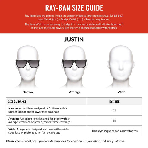 Ray-Ban size guide for RB4165 Justin Classic Square Sunglasses 55mm Black Nylon Frames with Green Classic Lenses Unisex Shades