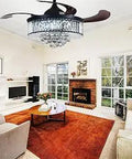 42 Inch Crystal Ceiling Fan With Retractable Chandelier Light Fandelier in a cozy living room interior