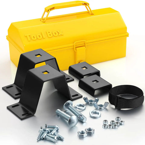 Ride Ready High Lift Jack Mount Kit With Two Heavy Duty Farm Jack Brackets and Protective Cover Caps with toolbox and hardware.