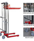 Heavy Duty Manual Hydraulic Pedal Driven Stacker Lift Truck With Robust Forks For 800 Lbs Warehouse Pallet Moving And Stacking Jobs, side view with safety hydraulic cylinder and foot-operated lift valve.