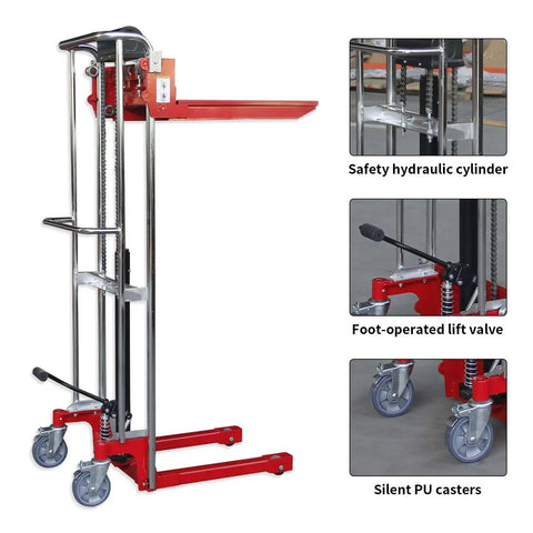 Heavy Duty Manual Hydraulic Pedal Driven Stacker Lift Truck With Robust Forks For 800 Lbs Warehouse Pallet Moving And Stacking Jobs, side view with safety hydraulic cylinder and foot-operated lift valve.
