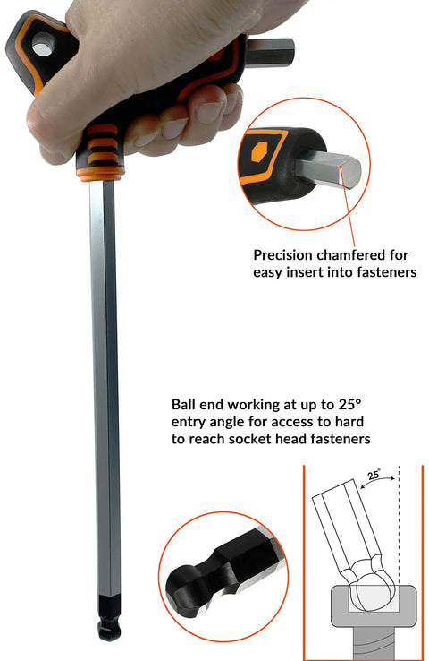 Beefy Pro Grade 9-Piece T-Handle SAE Allen Wrench Set with long arm and ball end for precision and high torque use