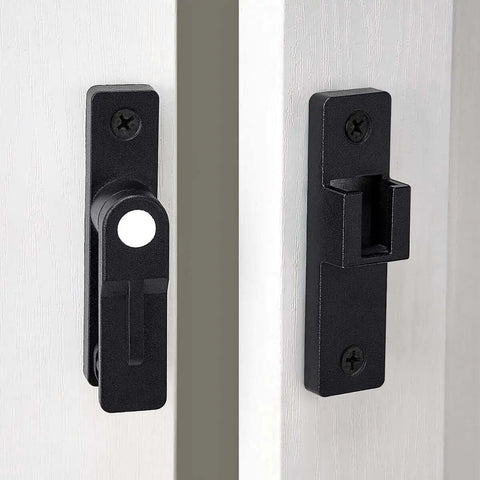 Matte Black 180 Degree Flip Latch Set For Barn Doors And Sliding Doors installed on a white door, showing latch and catch mechanism
