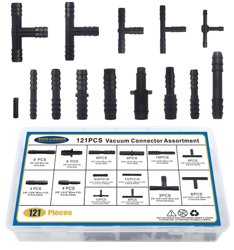 Vacuum connector kit, Busy-Corner 121-piece nylon automotive assortment with barbed and tee fittings, black