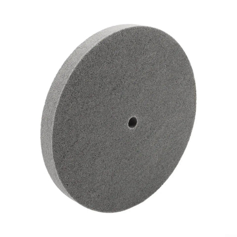 Side view of a 10 inch nylon fiber deburring wheel for grinders and buffing machines, 180 grit cup abrasive disk, 16mm arbor, 25mm thick.