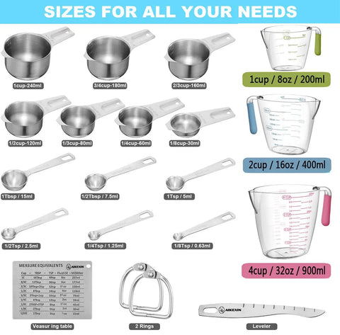 20 Piece Measuring Cups And Spoons Set For Cooking And Baking Gadgets Includes 7 Stainless Steel Cups 6 Spoons 3 Plastic Liquid Cups