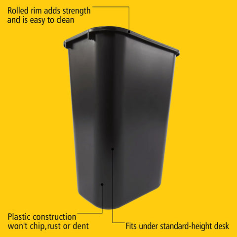 Durable 41 Quart Stackable Wastebasket Trash Can in black, heavy duty plastic with rolled rim, shown from side view.
