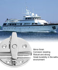 Close-up of round turn button twist latch in mirror-finish marine-grade stainless steel with mounting holes