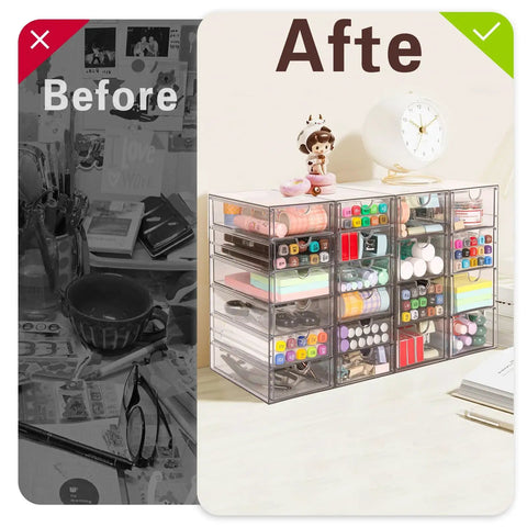 Before and after image showing a Clear Acrylic Desk Organizer With 20 Drawers In 4 Set Storage System For Office Supplies Makeup And Craft Storage Transparent Cosmetic Organizer Easy Access Desktop Drawer Box neatly organizing various items.