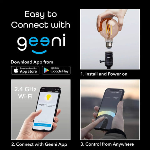 Amber LED Smart Light Bulb Two Pack With WiFi Connectivity shown with phone app control instructions and installation steps.