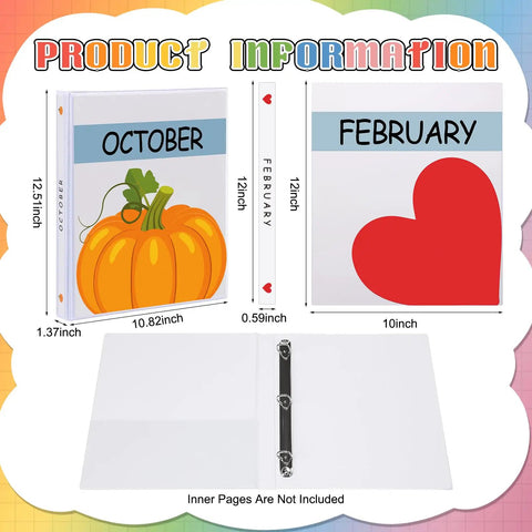 12 Pack 1 Inch 3 Ring Monthly Binder Set For Teachers with October pumpkin and February heart cover designs