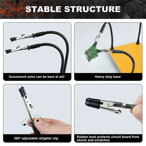 Helping Hands Soldering Station Kit With Four Flexible Arms and heavy-duty base, featuring 360° adjustable alligator clips.