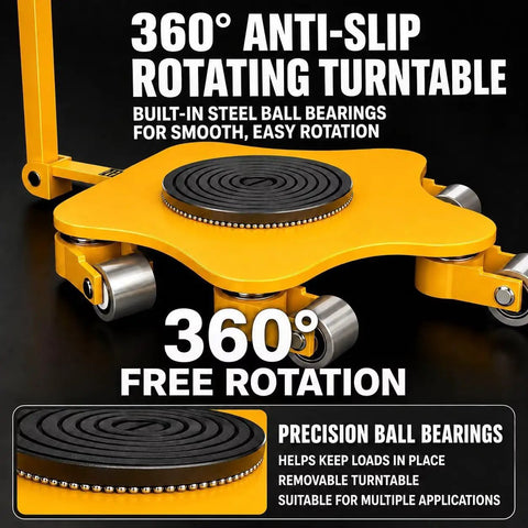 Heavy Duty Machine Skates For Moving Industrial Equipment With Rock Solid 12 Ton Capacity premium stainless steel load plate and smooth gliding dual bearing casters featuring a 360° anti-slip rotating turntable.