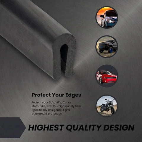 Black U-Channel Rubber Edge Trim, Flexible PVC Edge Protector for Sheet Metal, Car Doors, Hatches and Panels, Heat and Water Resistant close-up view.