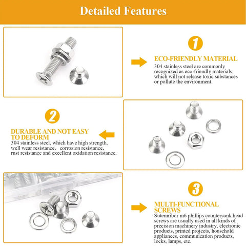 150 Piece M6 Countersunk Phillips Machine Screws Nuts Washers Set For 304 Stainless Steel Fully Threaded Assortment Kit