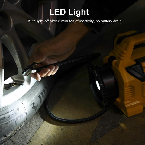 Cordless Tire Inflator Deflator With 160 PSI High Pressure Digital Gauge Auto Shut Off LED Light in use at night