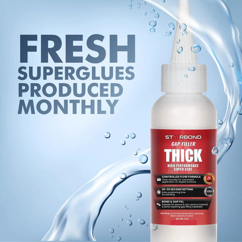 Thick Super Glue Pro Grade Kit 2 Oz With Gap Filling CA Glue Cyanoacrylate Adhesive Clog Resistant Cap bottle with fresh formula text