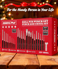 Christmas-themed packaging for 25 Piece Punch And Chisel Set With Roll Pin Punches Including Taper Punches Pin Punches Center Punches And Cold Chisels For Metalworking Automotive Woodworking And DIY Projects Built From Heat Treated Chrome Vanadium For Lasting Sharpness And Durability on a wooden table