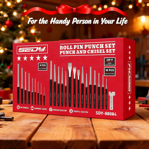 Christmas-themed packaging for 25 Piece Punch And Chisel Set With Roll Pin Punches Including Taper Punches Pin Punches Center Punches And Cold Chisels For Metalworking Automotive Woodworking And DIY Projects Built From Heat Treated Chrome Vanadium For Lasting Sharpness And Durability on a wooden table