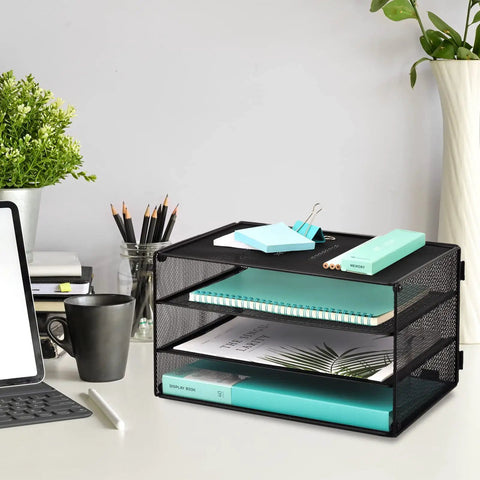 Three Tier Mesh Desk Organizer Tray That Keeps Your Desk Neat For Files Folders And Mail Sorting Desktop Paper Sorter Black